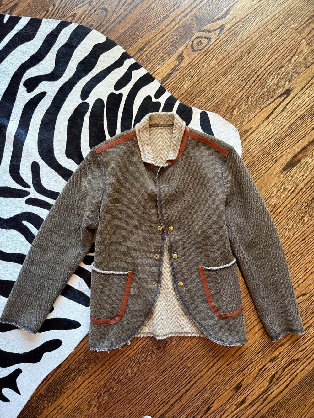 Kapital Olive Brown Wool-Blend Jacket with Tan Leather Trim